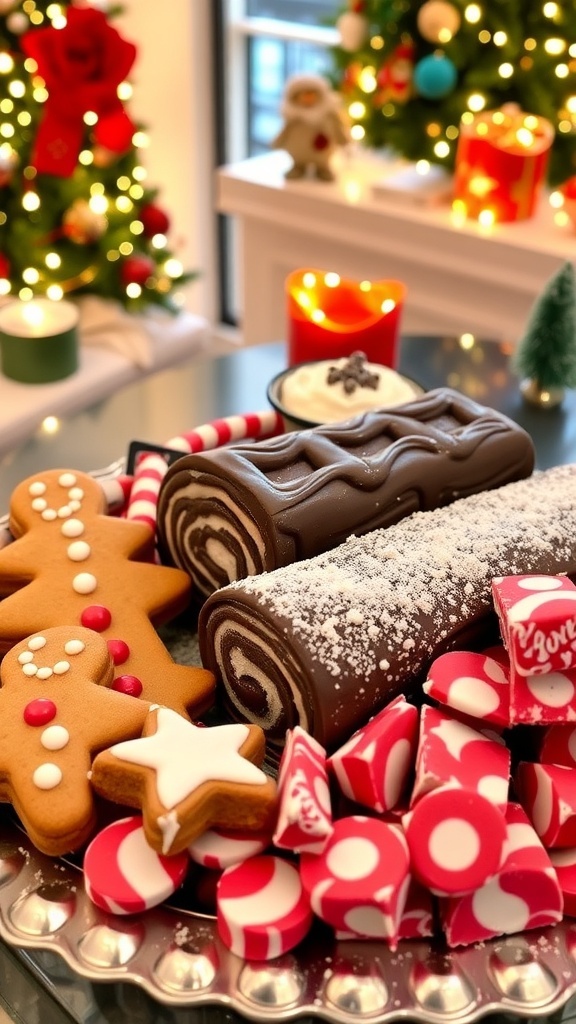 A festive platter of Christmas desserts featuring gingerbread cookies, chocolate yule log, and peppermint bark.